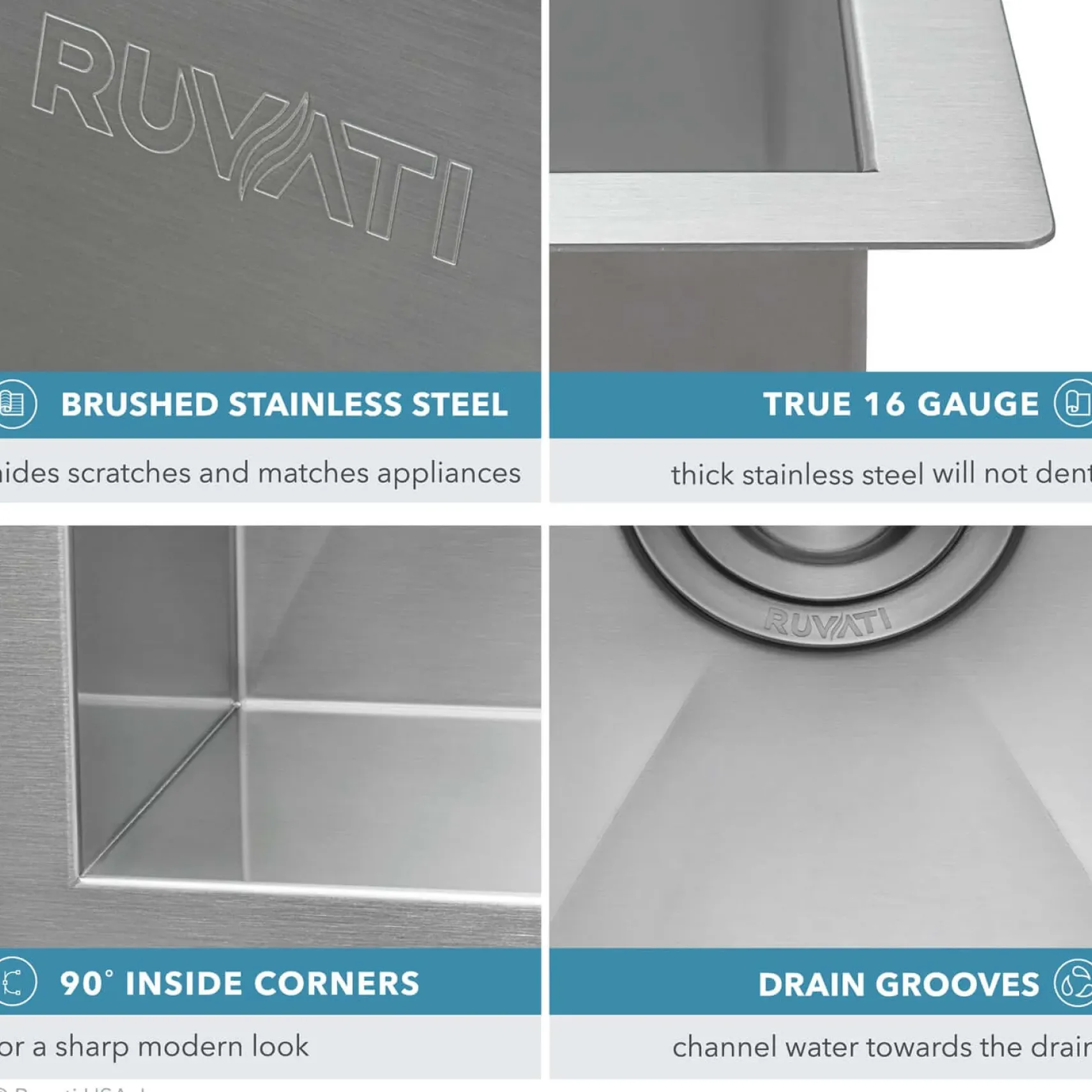 Ruvati Nesta 23" Undermount Stainless Steel Kitchen Sink, 16 Gauge, Zero Radius, RVH7100