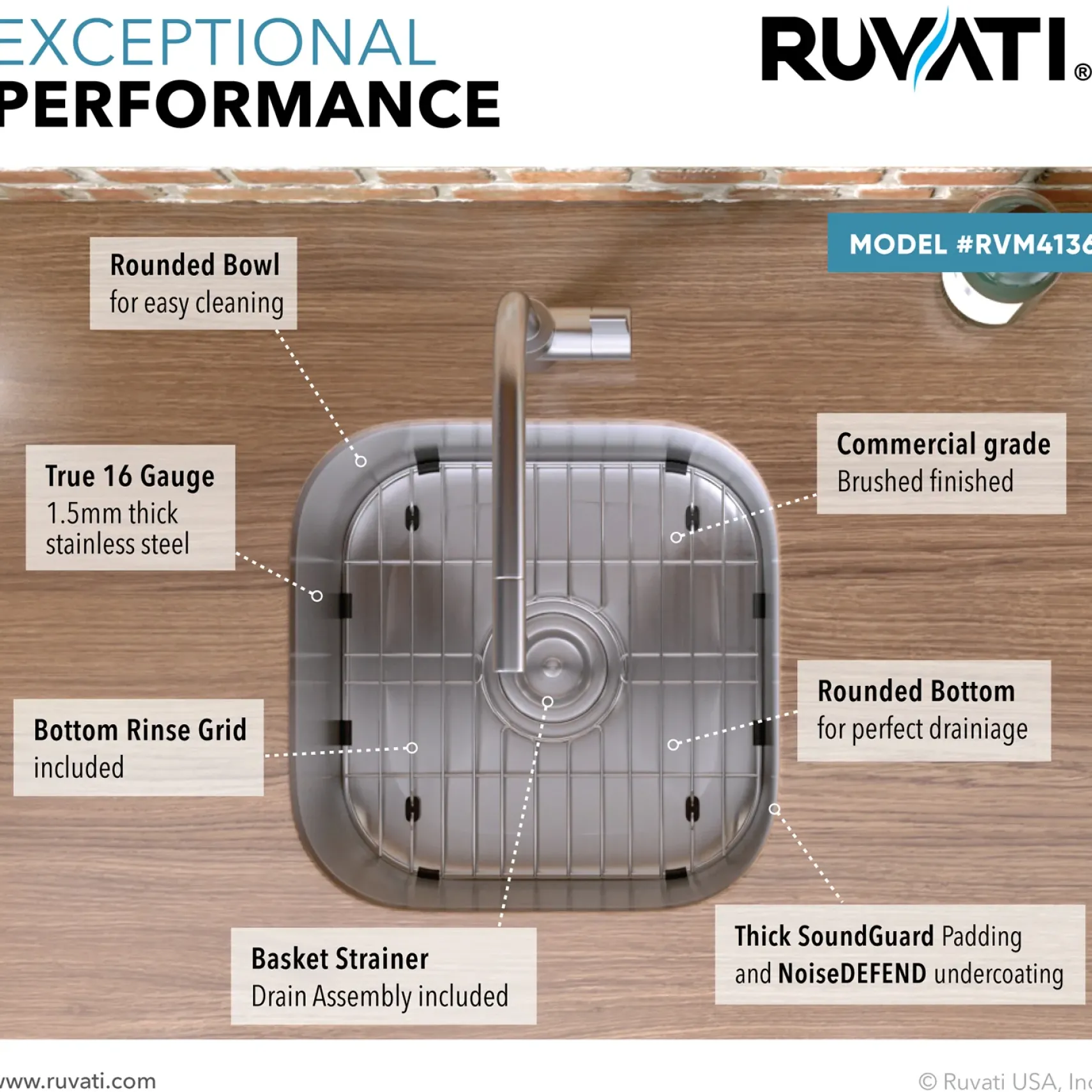 Ruvati Parmi 13" Undermount Rectangle Stainless Steel Bar/Prep Sink, 16 Gauge, RVM4136