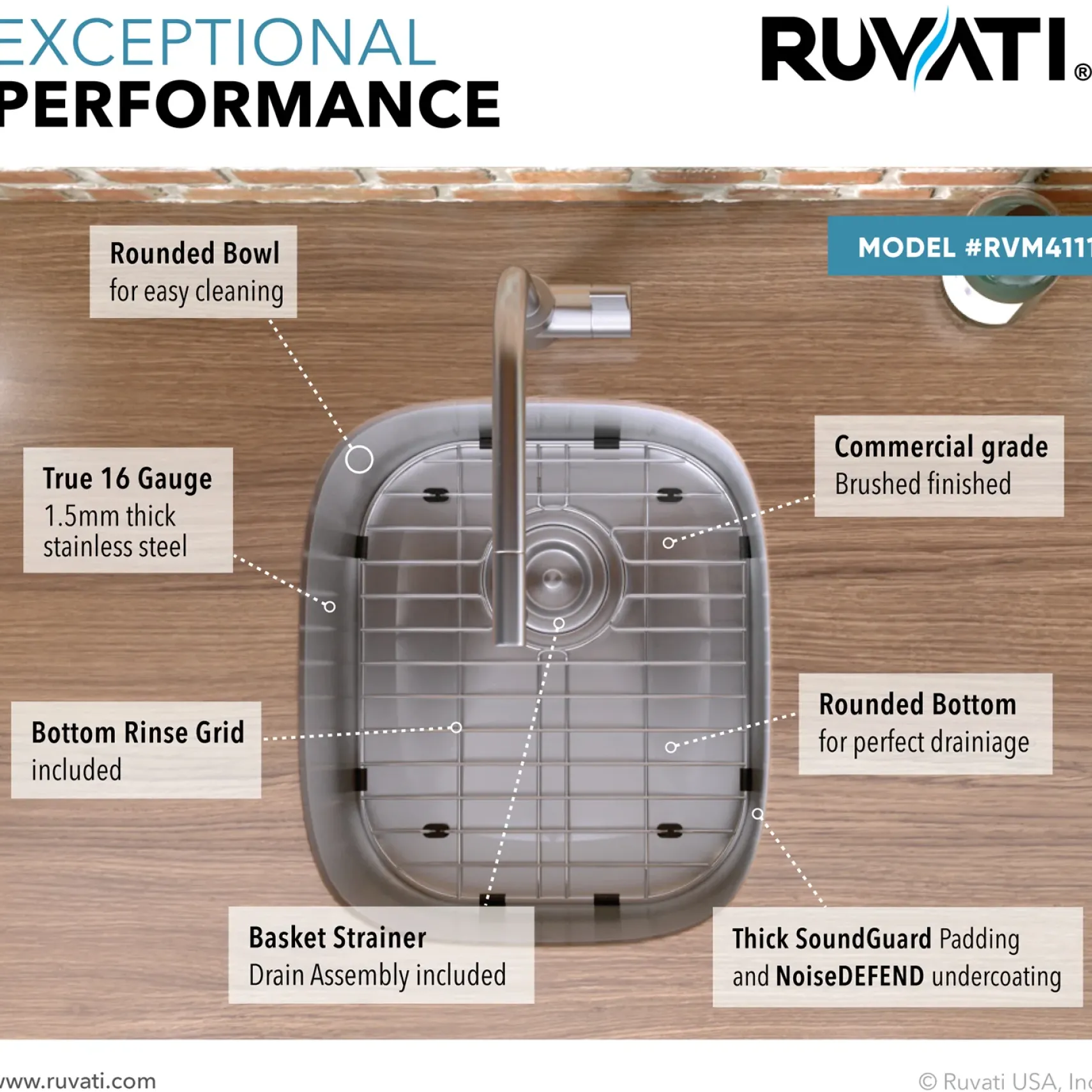 Ruvati Parmi 13" Undermount Rectangle Stainless Steel Bar/Prep Sink, 16 Gauge, RVM4111