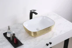 Ruvati Pietra 20" Decorative Rectangle Vessel Porcelain Above Vanity Counter Bathroom Sink, Gold / White, RVB2016WG