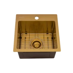 Ruvati Terraza 15 inch Polished Brass Matte Gold Stainless Steel Drop-in Topmount Bar Prep Sink Single Bowl, 16, Matte Gold Satin Brass, RVH8115GG