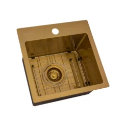 Ruvati Terraza 15 inch Polished Brass Matte Gold Stainless Steel Drop-in Topmount Bar Prep Sink Single Bowl, 16, Matte Gold Satin Brass, RVH8115GG
