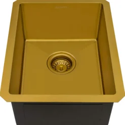Ruvati Terraza 14-inch Polished Brass Matte Gold Stainless Steel Undermount Bar Prep Sink, 16, Matte Gold Satin Brass, RVH7114GG