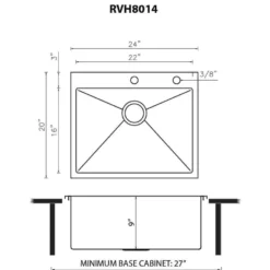 Ruvati Tirana Pro 24 x 20 inch Drop-in 16 Gauge Stainless Steel Rounded Corners Topmount Kitchen Sink Single Bowl, 16, RVH8014