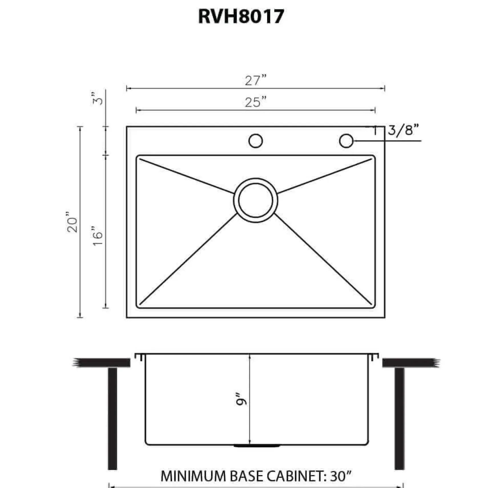 Ruvati Tirana Pro 27 x 20 inch Drop-in 16 Gauge Stainless Steel Rounded Corners Topmount Kitchen Sink Single Bowl, 16, RVH8017