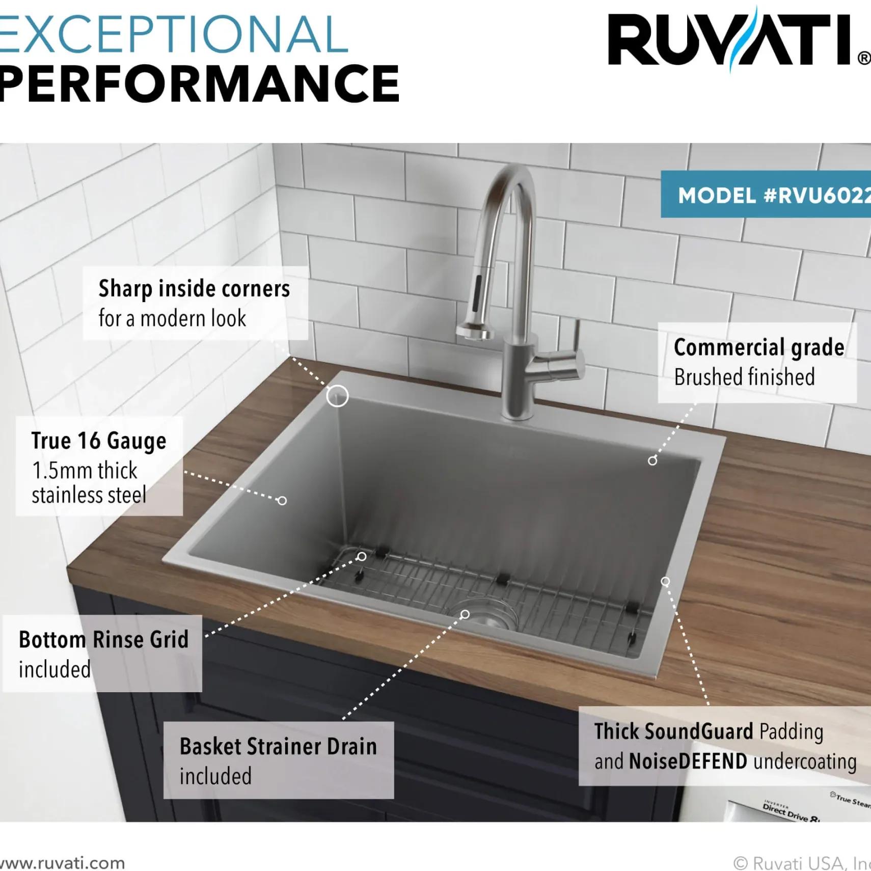 Ruvati Topmount Laundry 22" x 22" x 12" Deep Utility Sink 16 Gauge Stainless Steel, RVU6022
