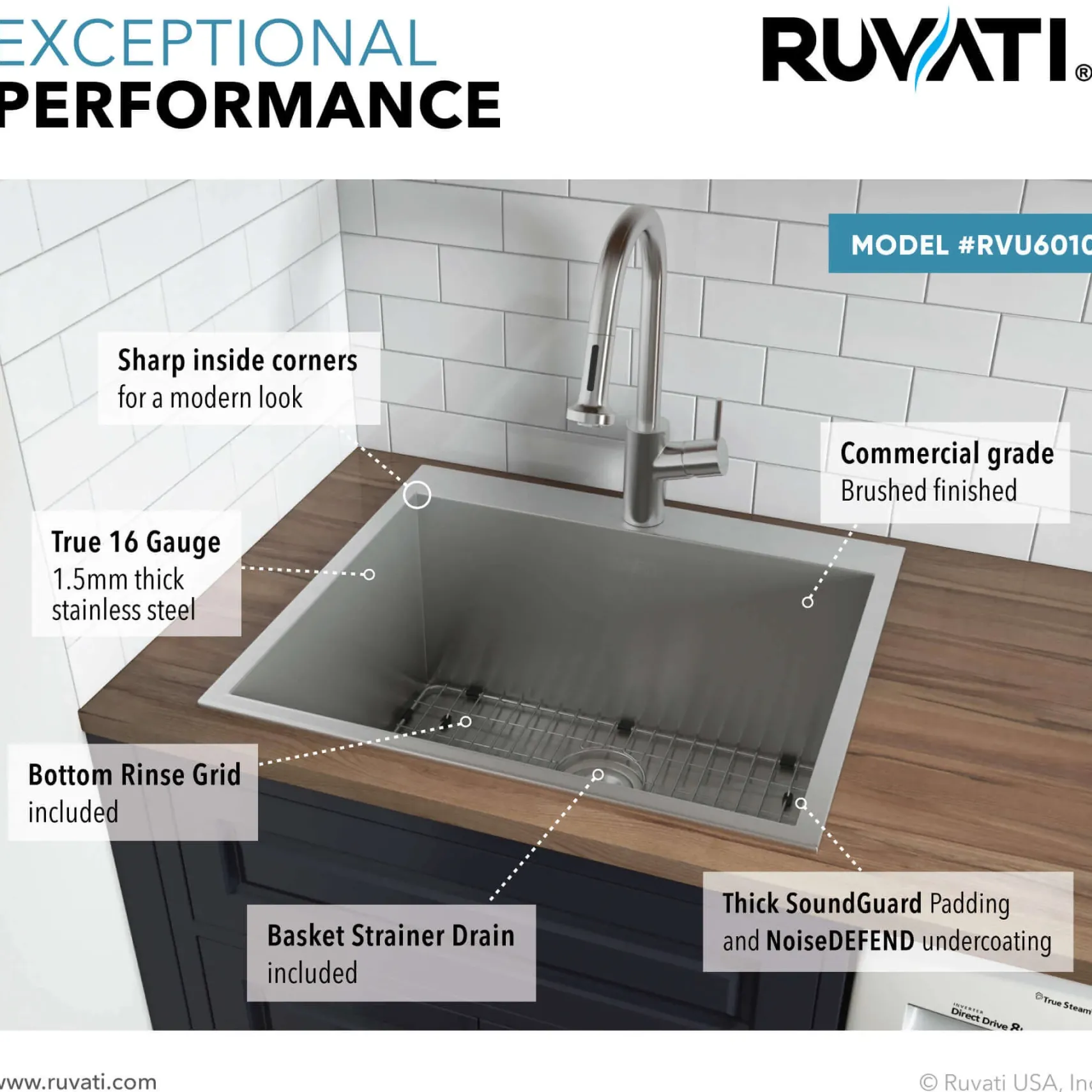 Ruvati Topmount Laundry Utility Sink 25" x 22" x 12" Deep 16 Gauge Stainless Steel, RVU6010