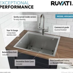Ruvati Topmount Laundry Utility Sink 25 x 22 x 12 inch Rounded Corners Deep 16 Gauge Stainless Steel, RVU6015