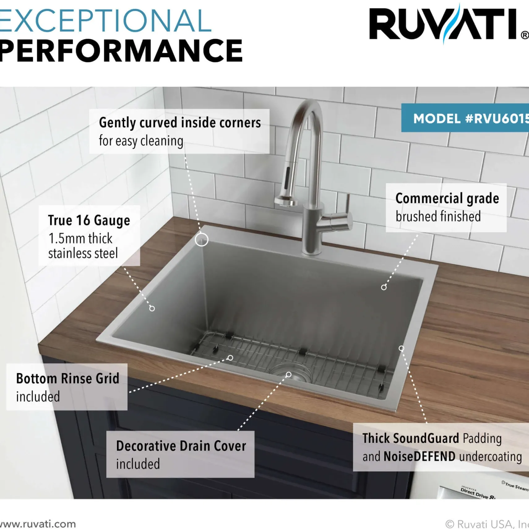 Ruvati Topmount Laundry Utility Sink 25 x 22 x 12 inch Rounded Corners Deep 16 Gauge Stainless Steel, RVU6015
