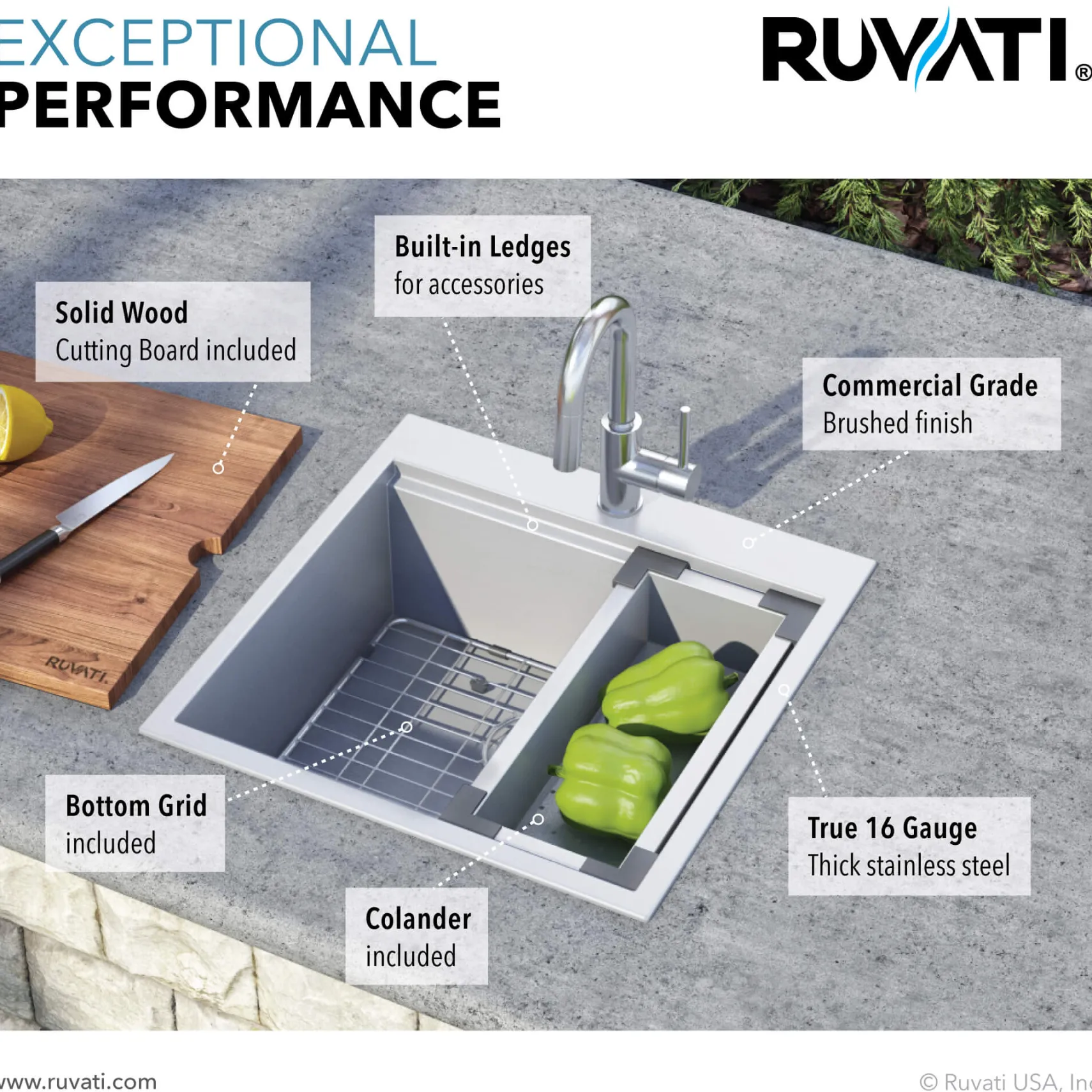 Ruvati Vino 21" Rectangle Stainless Steel Workstation Bar/Prep Sink, 16 Gauge, RVH8221