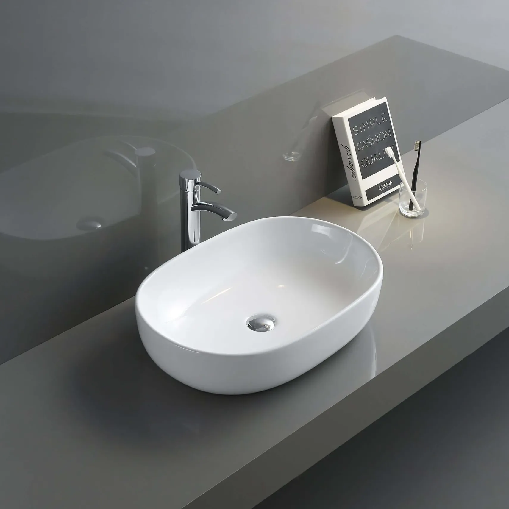 Ruvati Vista 24" Oval Vessel Porcelain Above Vanity Counter Bathroom Sink, White, RVB0424