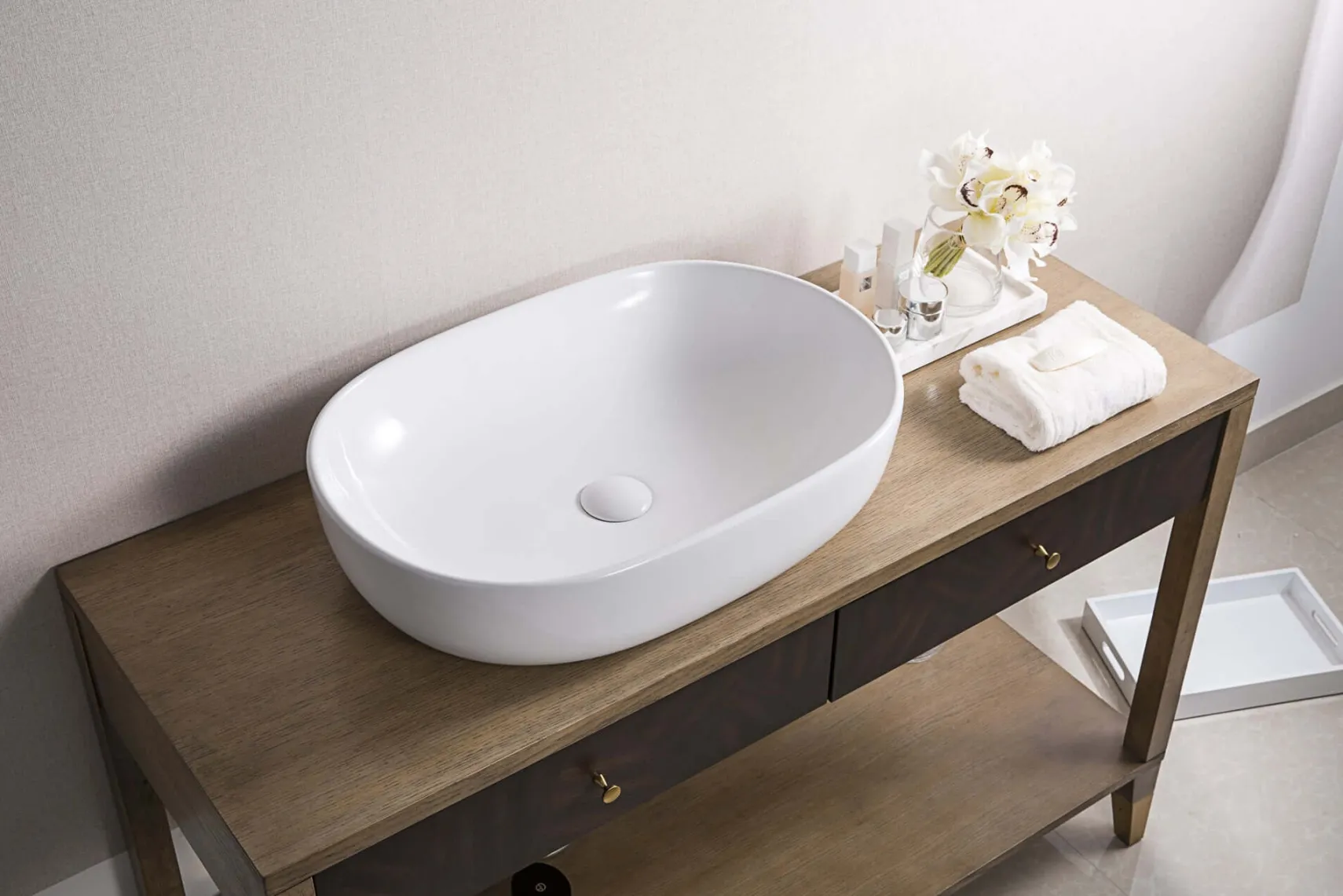 Ruvati Vista 24" Oval Vessel Porcelain Above Vanity Counter Bathroom Sink, White, RVB0424