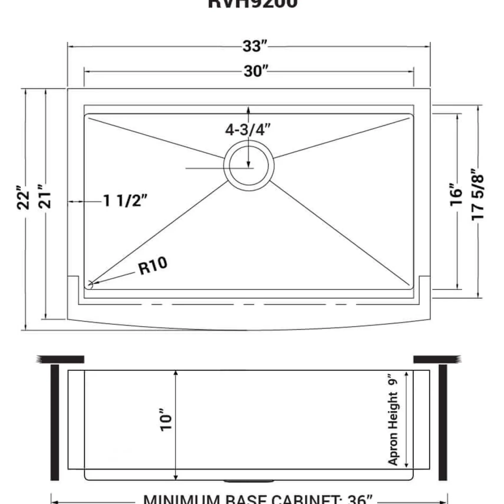 Ruvati 33" Apron-front Workstation Farmhouse Kitchen Sink, 16 Gauge, Stainless Steel Single Bowl - RVH9200