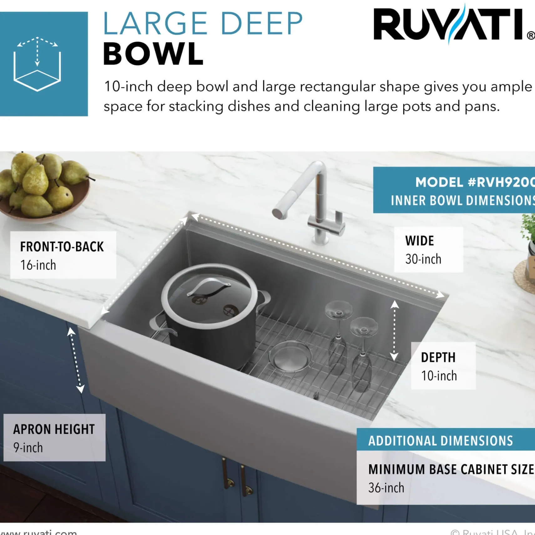 Ruvati 33" Apron-front Workstation Farmhouse Kitchen Sink, 16 Gauge, Stainless Steel Single Bowl - RVH9200