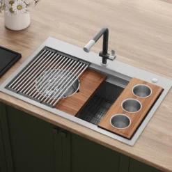 Ruvati Dual-Tier 33" Drop-in Topmount Stainless Steel Workstation Kitchen Sink, 16 Gauge, RVH8424