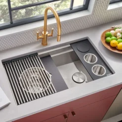 Ruvati Dual Tier Nova 33" Undermount Stainless Steel Workstation Kitchen Sink, 60/40 Double Bowl, RVH8254