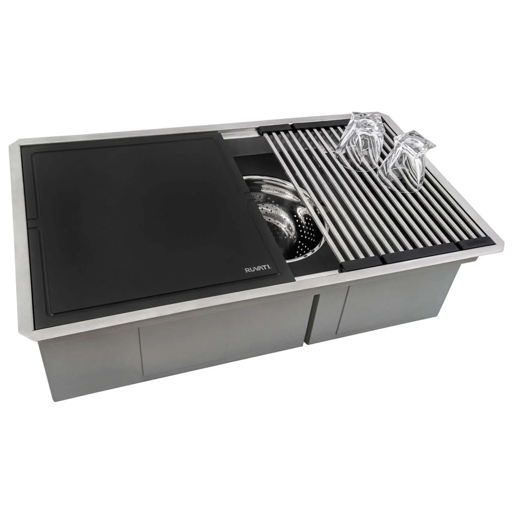 Ruvati Dual Tier Nova 33" Undermount Stainless Steel Workstation Kitchen Sink, 60/40 Double Bowl, RVH8254