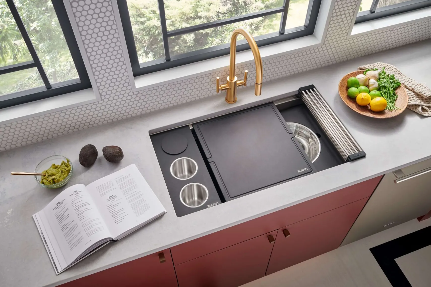 Ruvati Dual Tier Nova 33" Undermount Stainless Steel Workstation Kitchen Sink, 60/40 Double Bowl, RVH8254