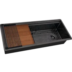 Ruvati Dual-Tier Pro 45-inch Gunmetal Black Stainless Steel Workstation Two-Tiered Ledge Undermount Kitchen Sink, 16, RVH6333BL