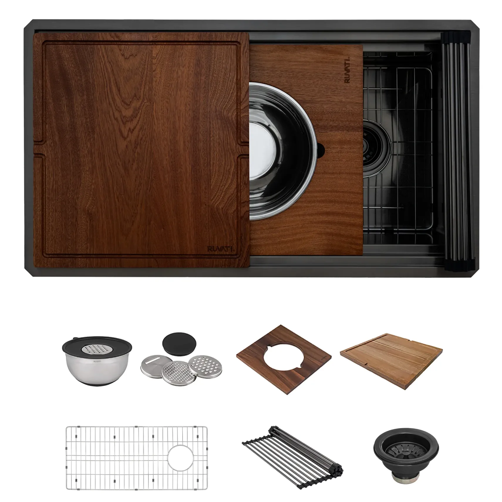Ruvati Dual-Tier Pro 33-inch Gunmetal Black Stainless Steel Workstation Two-Tiered Ledge Kitchen Sink Undermount, 16, RVH6222BL
