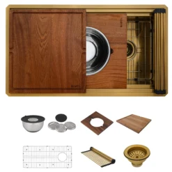 Ruvati Dual-Tier Pro 33-inch Polished Brass Matte Gold Stainless Steel Workstation Two-Tiered Ledge Undermount Kitchen Sink, 16, Matte Gold Satin Brass, RVH6222GG