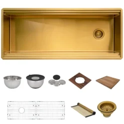 Ruvati Dual-Tier Pro 45" Undermount Polished Brass Matte Gold, Stainless Steel Workstation Kitchen Sink, 16 Gauge, RVH6333GG