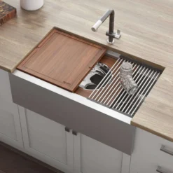 Ruvati Dual-Tier 34" Stainless Steel Workstation Apron-front Farmhouse Sink, 16 Gauge, RVH9222