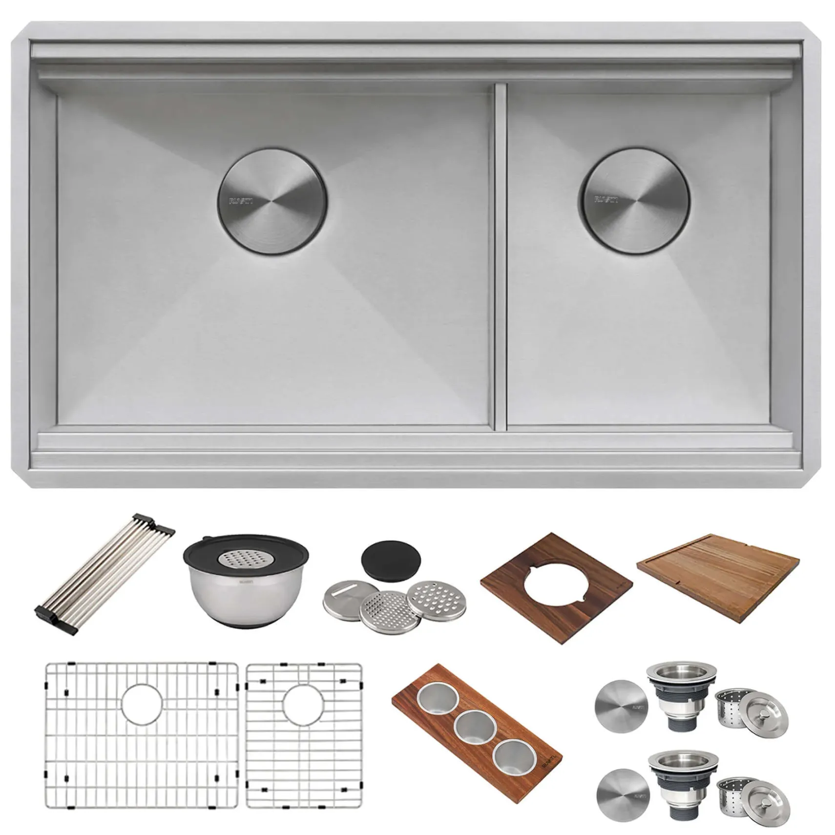 Ruvati Dual-Tier 33" Undermount Stainless Steel Workstation Kitchen Sink, 60/40 Low Divide Double Bowl, 16 Gauge, RVH8255