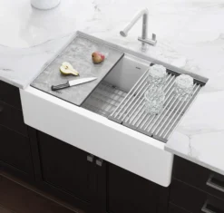 Ruvati epiCast 33" Granite Composite Workstation Apron-front Farmhouse Sink, Arctic White, RVG1533WH