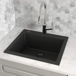 Ruvati epiGranite 24" Drop-in Topmount Granite Composite Kitchen Sink, Midnight Black, RVG1023BK