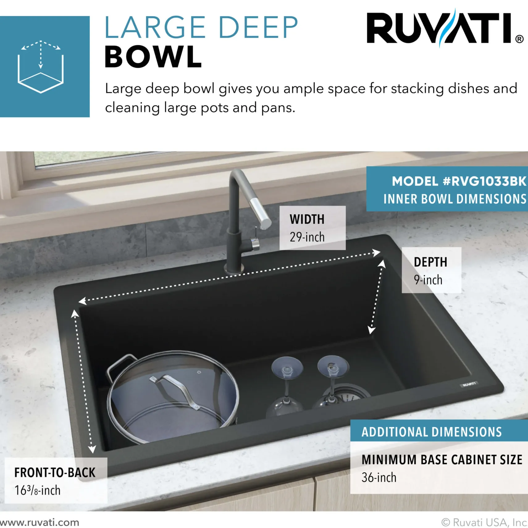 Ruvati epiGranite 33" Drop-in Topmount Granite Composite Kitchen Sink, Midnight Black, RVG1033BK