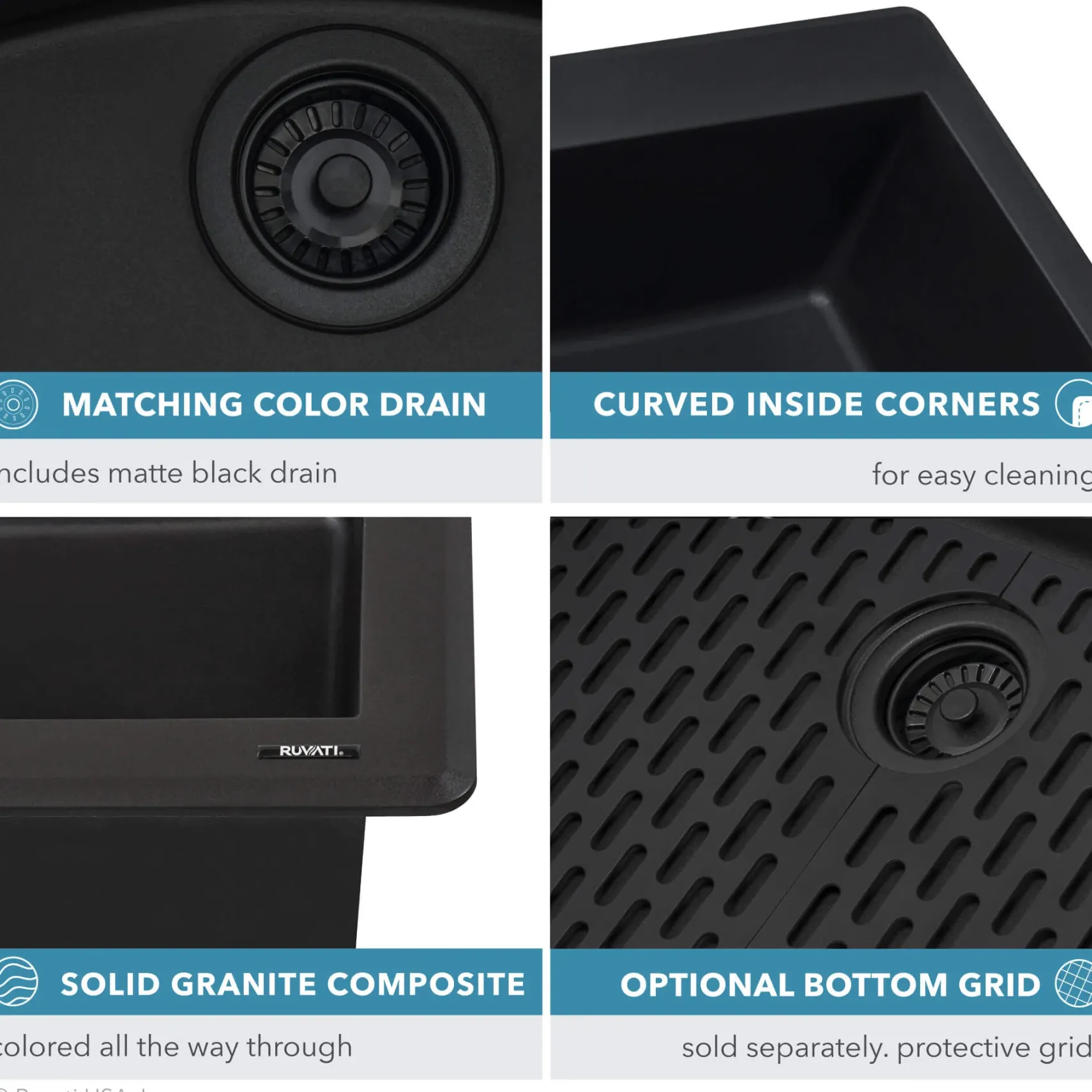Ruvati epiGranite 33" Drop-in Topmount Granite Composite Kitchen Sink, Midnight Black, RVG1033BK