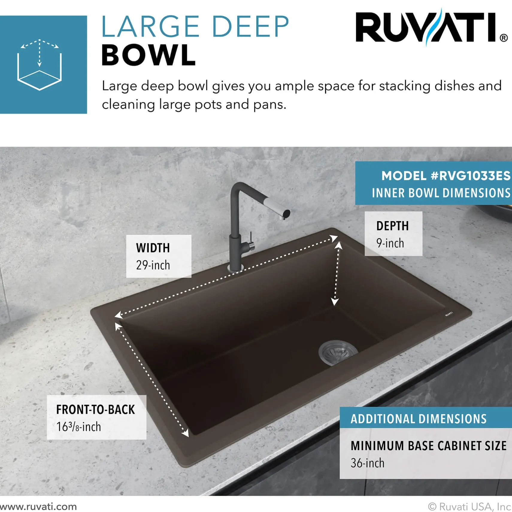 Ruvati epiGranite 33" Drop-in Topmount Granite Composite Kitchen Sink, Espresso / Coffee Brown, RVG1033ES