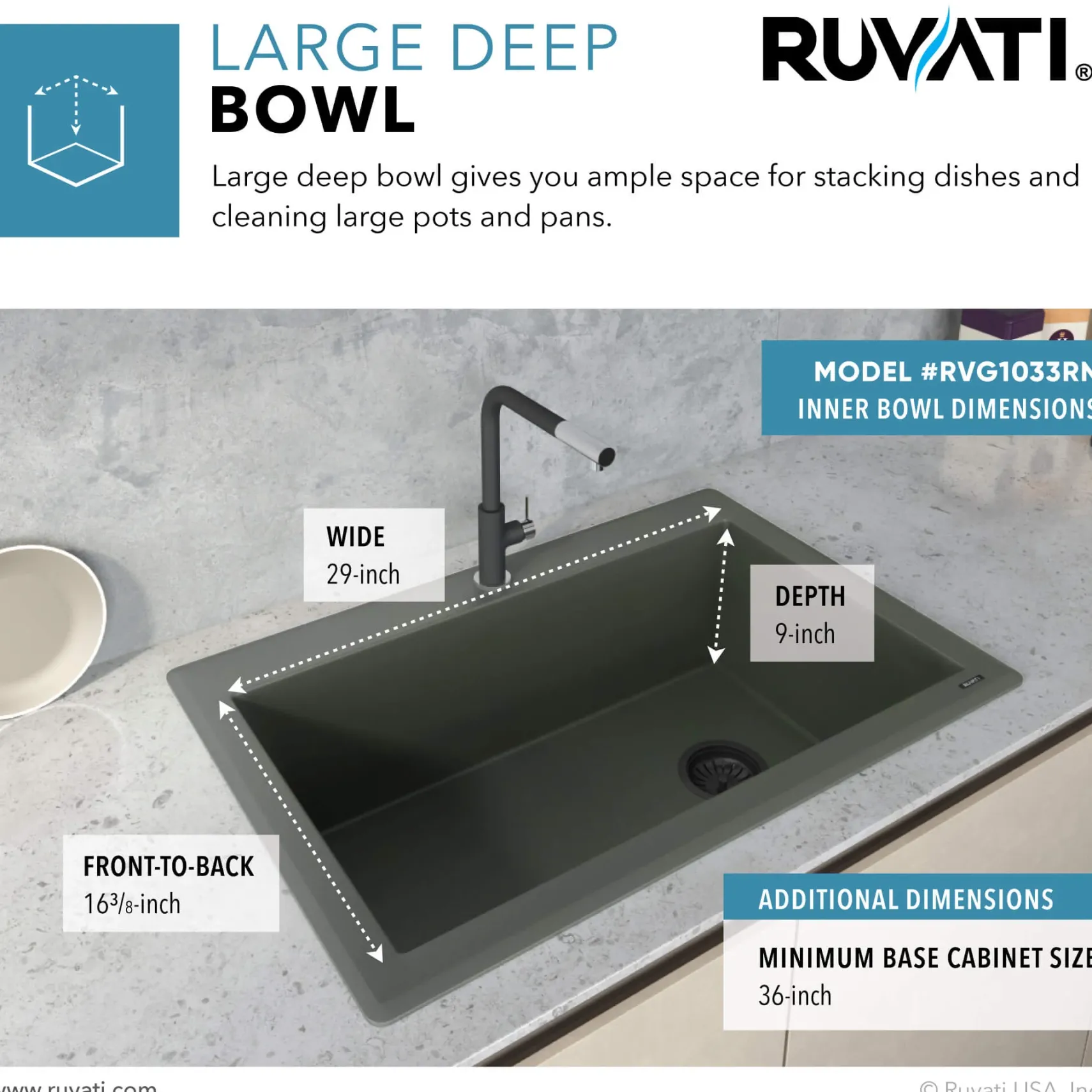 Ruvati epiGranite 33" Drop-in Topmount Granite Composite Kitchen Sink, Juniper Green, RVG1033RN