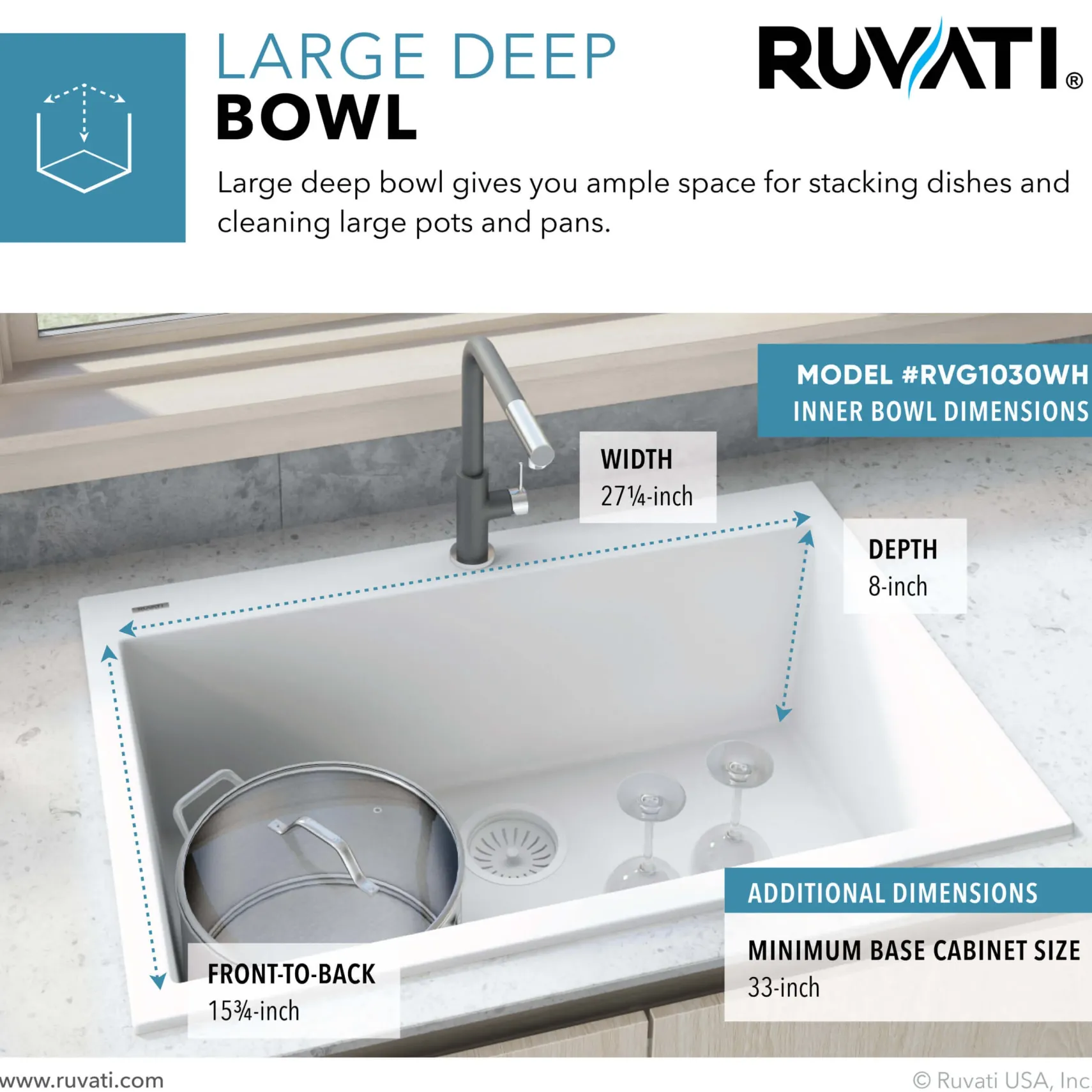 Ruvati epiGranite 30" Drop-in Topmount Granite Composite Kitchen Sink, Arctic White, RVG1030WH