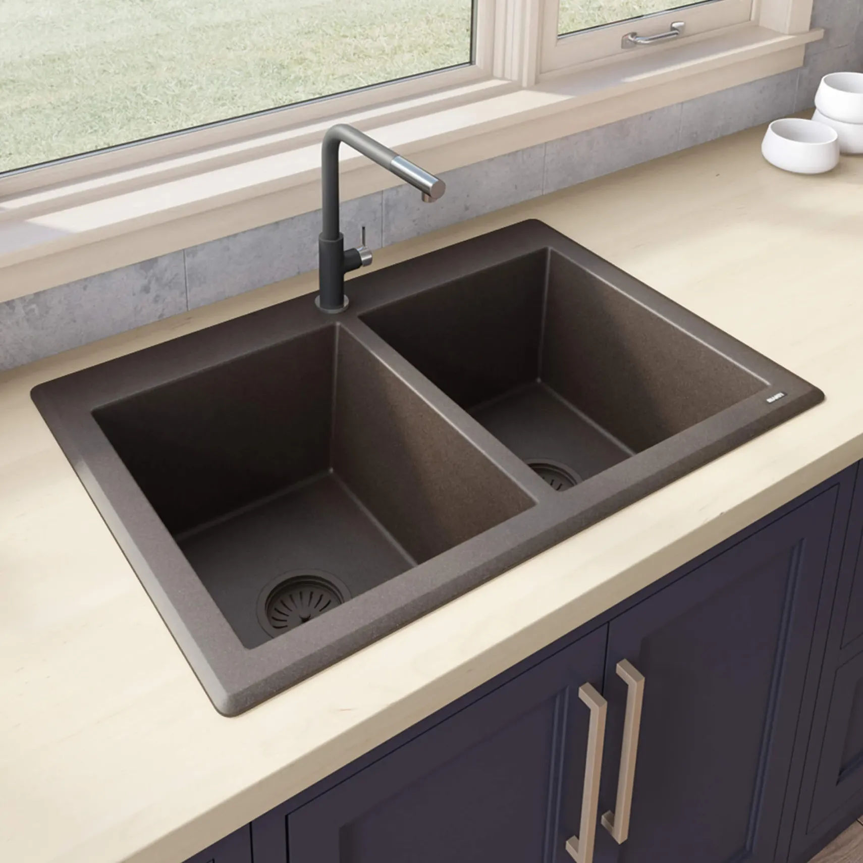 Ruvati epiGranite 33" Dual-Mount Granite Composite Kitchen Sink, 50/50 Double Bowl, Espresso / Coffee Brown, RVG1388ES