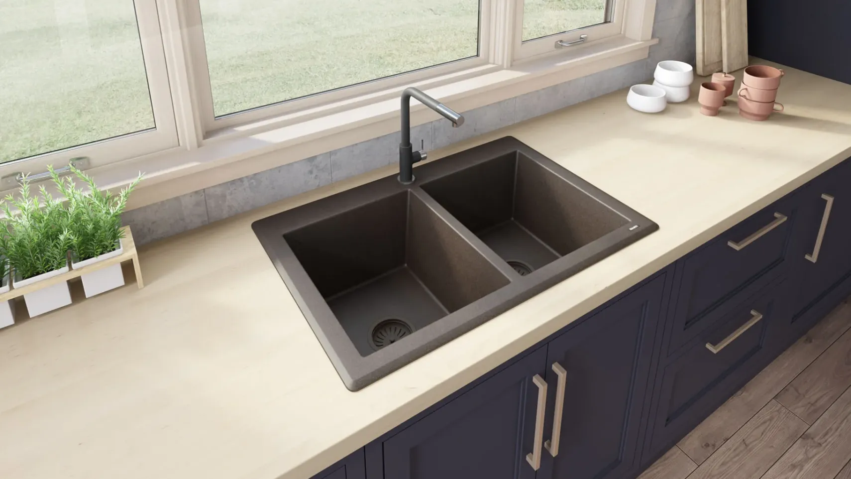 Ruvati epiGranite 33" Dual-Mount Granite Composite Kitchen Sink, 50/50 Double Bowl, Espresso / Coffee Brown, RVG1388ES