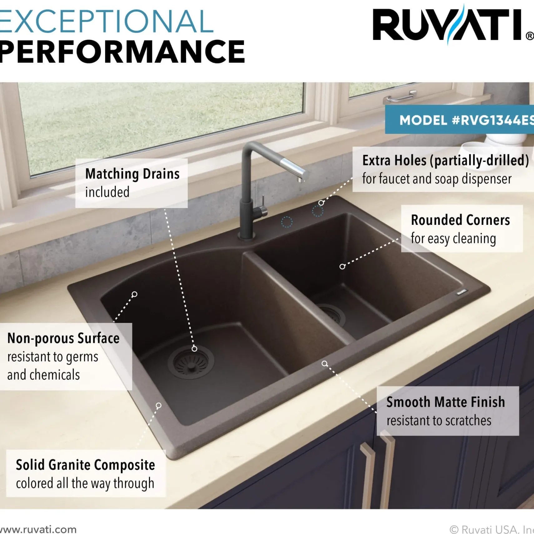 Ruvati epiGranite 33" Dual-Mount Granite Composite Kitchen Sink, 55/45 Double Bowl, Espresso / Coffee Brown, RVG1344ES