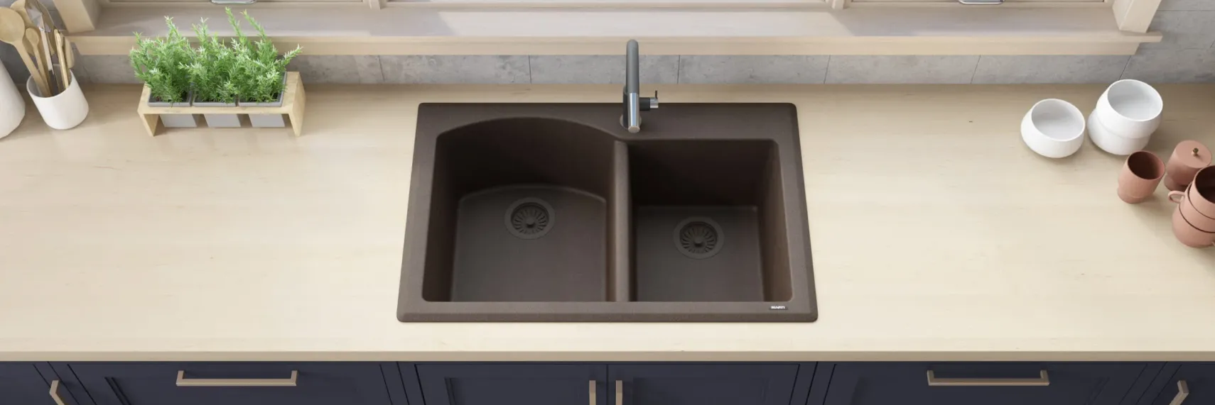 Ruvati epiGranite 33" Dual-Mount Granite Composite Kitchen Sink, 55/45 Double Bowl, Espresso / Coffee Brown, RVG1344ES
