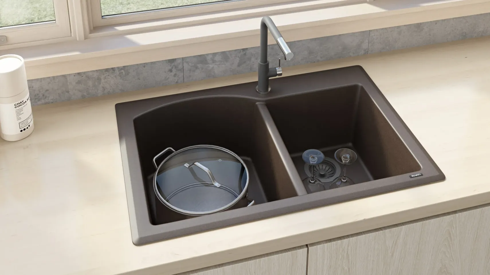 Ruvati epiGranite 33" Dual-Mount Granite Composite Kitchen Sink, 55/45 Double Bowl, Espresso / Coffee Brown, RVG1344ES