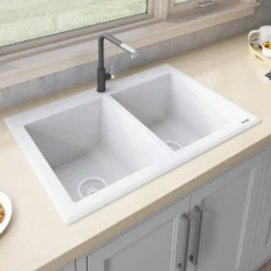 Ruvati epiGranite 33" Dual-Mount Granite Composite Kitchen Sink, 50/50 Double Bowl, Arctic White, RVG1388WH