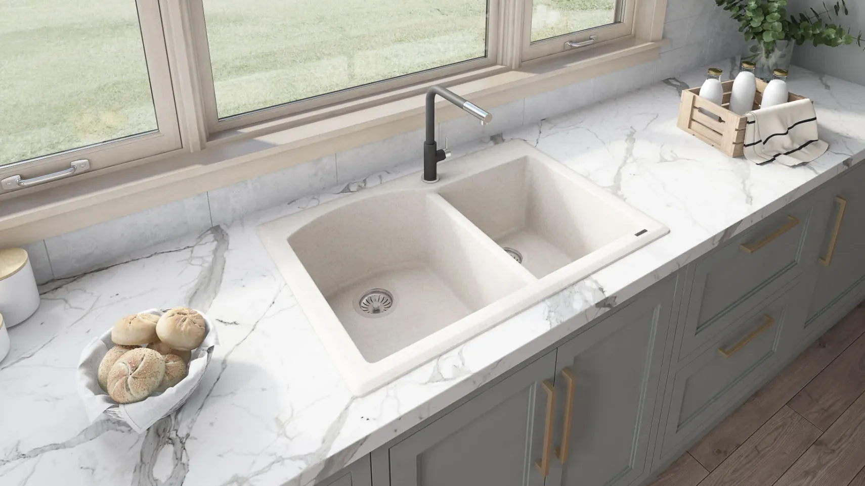Ruvati epiGranite 33" Dual-Mount Granite Composite Kitchen Sink, 55/45 Double Bowl, Caribbean Sand, RVG1344CS