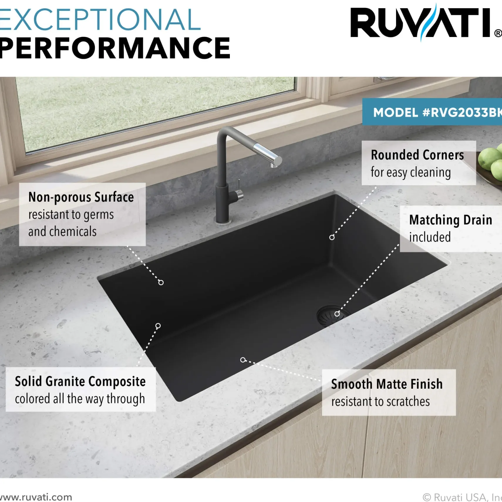 Ruvati epiGranite 32" Undermount Granite Composite Kitchen Sink, Midnight Black, RVG2033BK