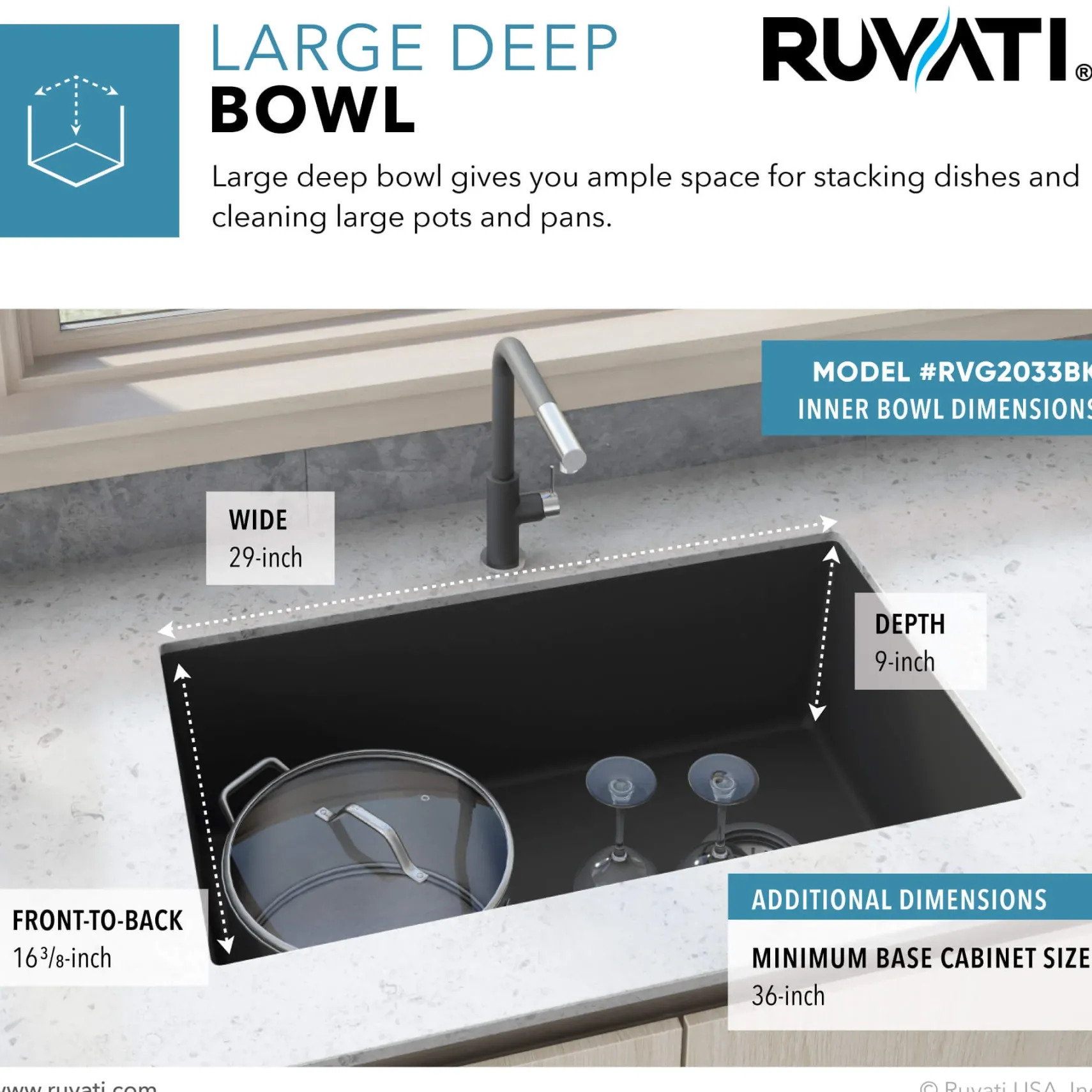 Ruvati epiGranite 32" Undermount Granite Composite Kitchen Sink, Midnight Black, RVG2033BK