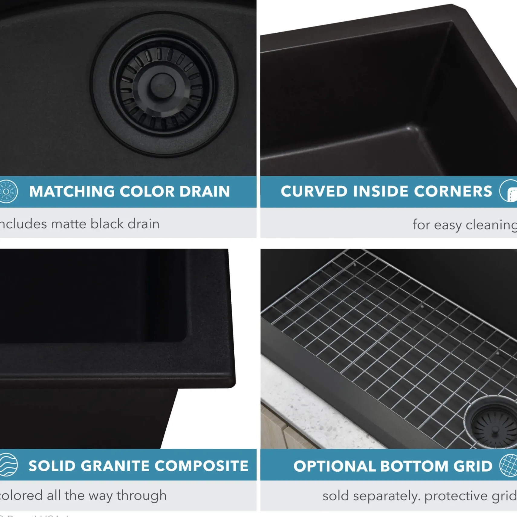 Ruvati epiGranite 32" Undermount Granite Composite Kitchen Sink, Midnight Black, RVG2033BK