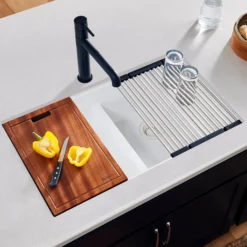 Ruvati epiGranite 33" Undermount Granite Composite Workstation Kitchen Sink, 50/50 Double Bowl, Arctic White Matte, RVG2343WH