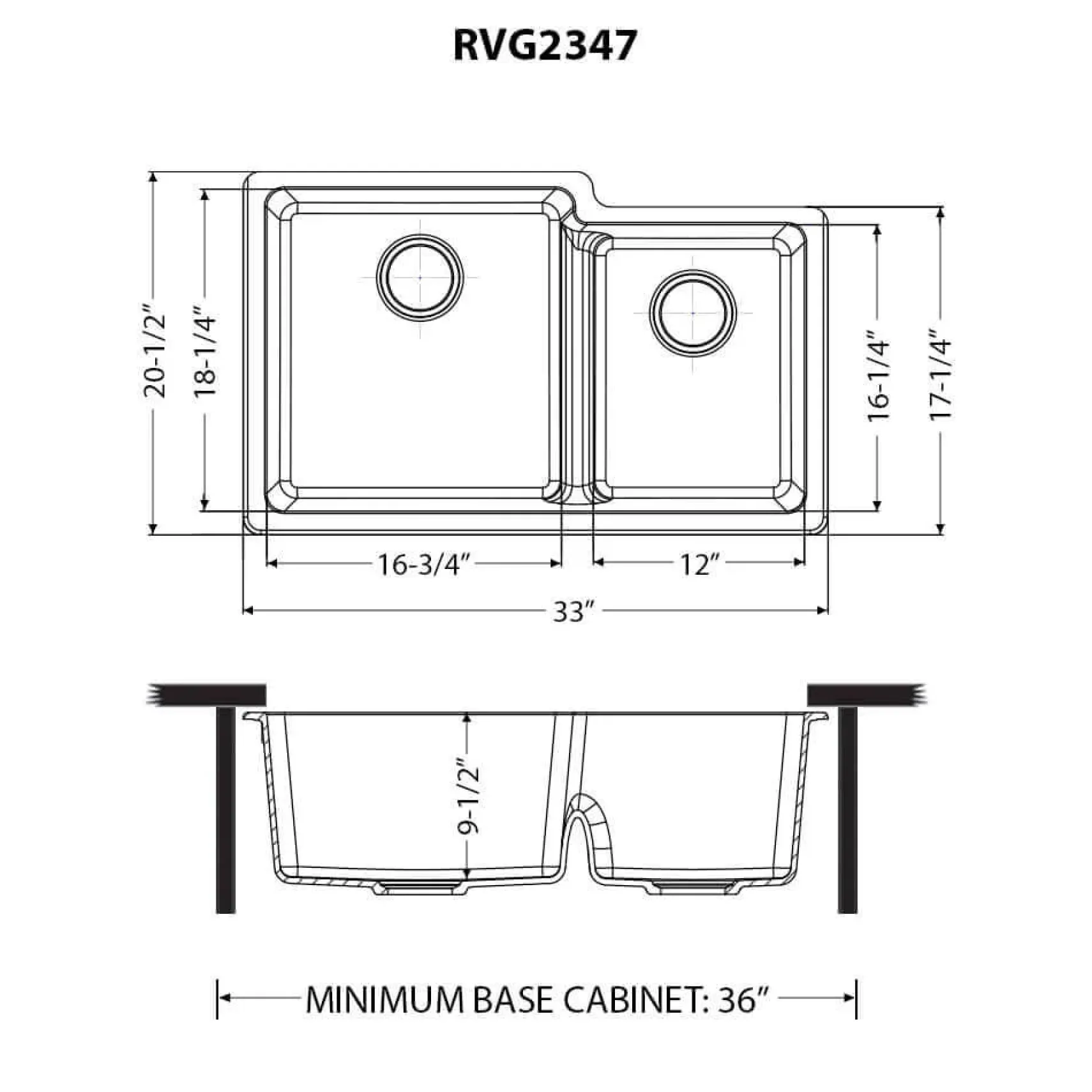 Ruvati epiGranite 33" Undermount Granite Composite Workstation Kitchen Sink, 60/40 Double Bowl, Midnight Black, RVG2347BK