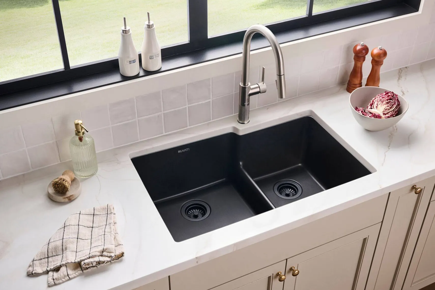 Ruvati epiGranite 33" Undermount Granite Composite Workstation Kitchen Sink, 60/40 Double Bowl, Midnight Black, RVG2347BK