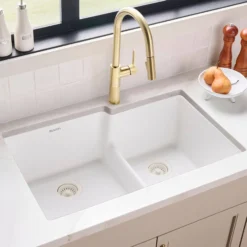 Ruvati epiGranite 33" Undermount Granite Composite Workstation Kitchen Sink, 60/40 Double Bowl, Arctic White Matte, RVG2347WH