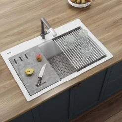 Ruvati epiStage 33" Drop-in Topmount Granite Composite Workstation Kitchen Sink, Arctic White, RVG1302WH